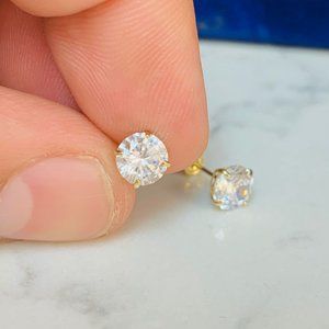 10K Solid Gold CZ Stud Earrings Screw Back For Womens Mens / Arete de Oro Solido